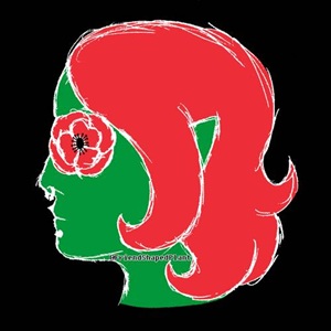 Profile of a person with green skin, red hair, and a poppy where it's eye would be. The background is black.