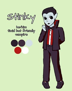 Stinky is a young teen vampire with blue skin, black eyes, short slickback black hair, black suit with a tall collar and loafers, black bowtie, and red button-up shirt. He is described as a 'Timid but friendly vampire.'