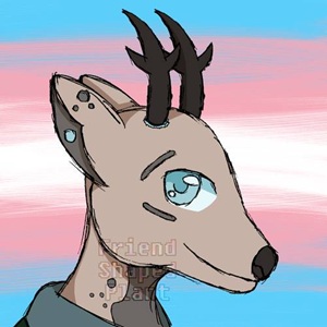 Profile of a deer furry with blue eyes, light brown fur and darker brown details. There are blue scars around the base of his antlers. The background is a pale trans flag.