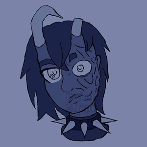 Blue monochrome headshot of Sing, a woman with short hair, horns and burn scar over the left hand side of her face. She wears a large spiked collar.