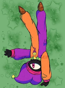 Deli is a humanoid creature with a black body, single pink eye, and wears a purple, orange, and yellow jester outfit. He is drawn in the middle of a handstand.