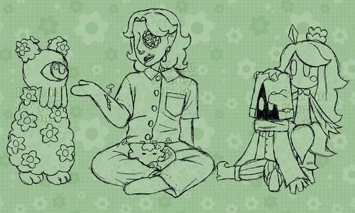 Sketch of several floral characters on a green patterned background, gathered around in a half circle. From left to right, there is Spindle, a Hylics Tyro covered in flowers, Atticus Atlas, a humanoid with a flower for and eye, Plant, a cat covered in flowers and sprouts, and Chirie and Orin, plant based humanoid creatures.