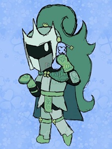 Chibi of G'wain, a knight in green with clover motifs. They are calling somone on their blue flip phone, their other hand limp wristed.