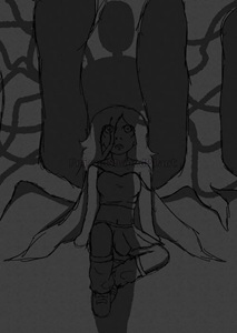Greyscale scene of Fenris, a slim girl with long hair, sitting with her back against a tree in the woods. The shadow of Slenderman falls over her and she looks up at him.