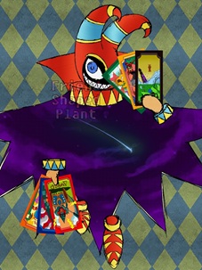 Jackle from NiGHTS into Dreams, holding fanned out tarot cards in his hands.