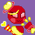 Lola, a red humanoid with a floating head and hands, pink alien eyes, and yellow stripes and heart details. The Love-Love Stick from Kirby's Dreamland 3 spins next to him.