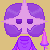 Starshatterer, a humanoid with pink skin, purple hair and eyes, and horns coming from beside the eyes and forhead, wearing a purple scarf. A small pink lance floats next to them.