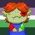 A green humanoid with short red hair, a red flower for an eye, facial piercings, and color block shirt licking the camera.