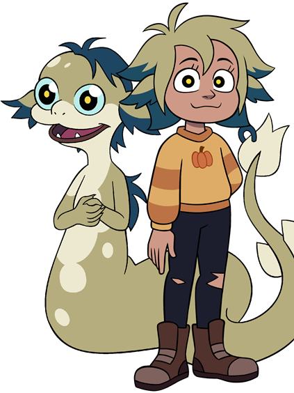Character models of Vee from The Owl House in her human and basilisk form.